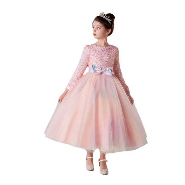 Chic / Beautiful Sky Blue Birthday Sequins Flower Girl Dresses 2023 A-Line / Princess Scoop Neck Bow Sash Long Sleeve Floor-Length / Long Flower Girl Dresses