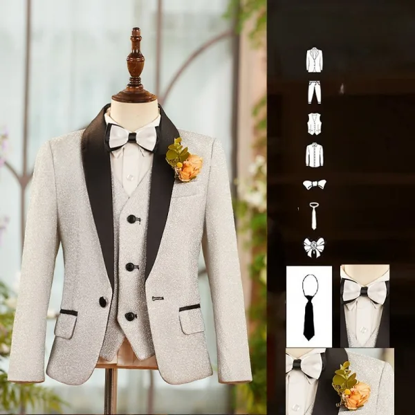 Fall Winter Silver Glitter 6-piece Long Sleeve Boys Wedding Suits 2025 Body Jewellery Coat Pants Shirt Tie Vest