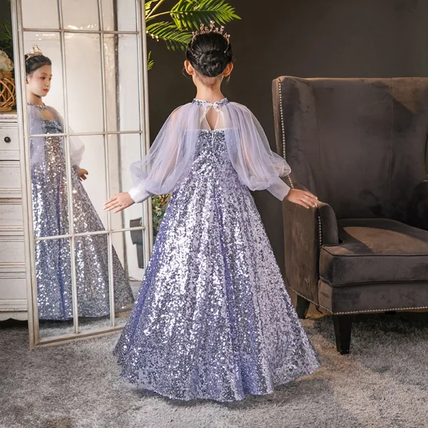 Sparkly Lavender Bow Sequins Birthday Flower Girl Dresses 2025 Ball Gown High Neck Long Sleeve Sweep Train