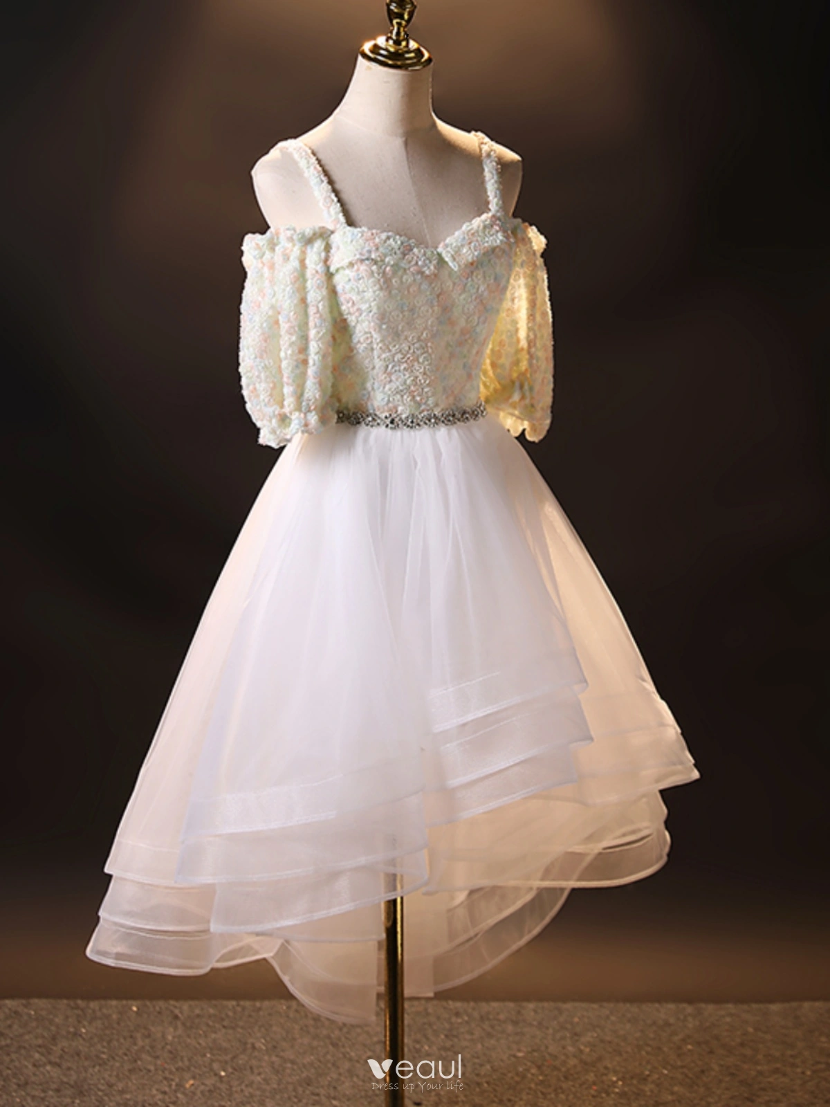 Chic / Beautiful White Appliques Homecoming Graduation Dresses 2024 A-Line / Princess Spaghetti Straps Short Sleeve Backless Tea-length Formal Dresses Chic / Beautiful White Appliques Homecoming Graduation Dresses 2024 A-Line / Princess Spaghetti Straps Short Sleeve Backless Tea-length Formal Dresses