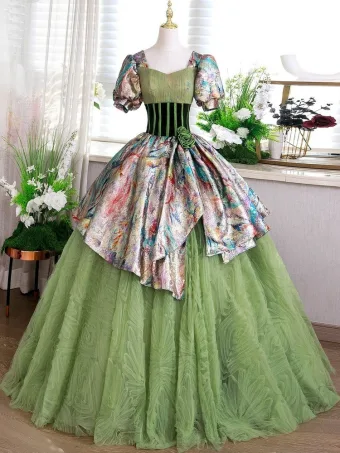 Élégant Vert Cendré Robe Boule Robe De Bal 2025 Encolure Carrée Gonflée Manches Courtes Dos Nu Longue Promo Robe De Ceremonie