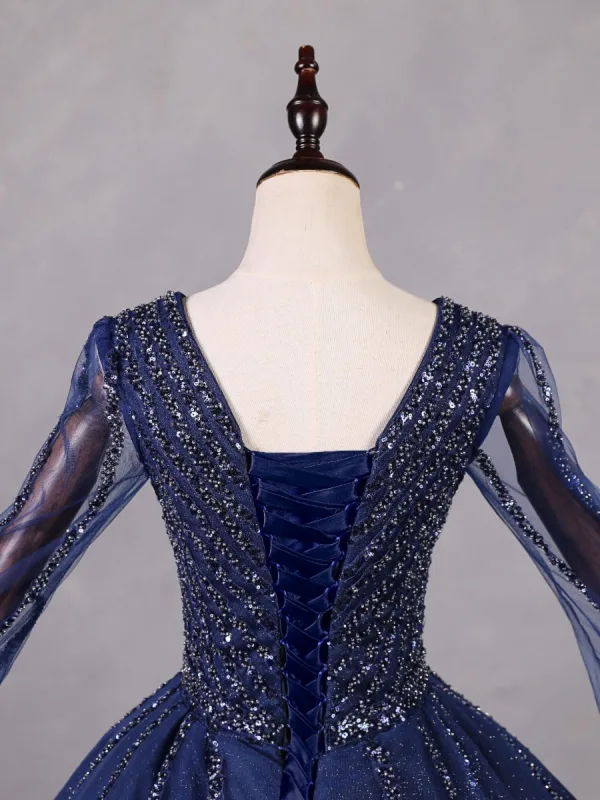 Vintage / Retro Navy Blue Beading Sequins Prom Dresses 2023 Ball Gown V-Neck Sleeveless Backless Floor-Length / Long Formal Dresses