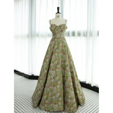 Elegantes Verde Salvia Perla Impresión Satén Vestidos De Gala 2023 A Line Princess Spaghetti Straps Sin Mangas Sin Espalda Largos Gala Vestidos Formales