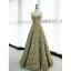 Elegant Sage Green Pearl Printing Satin Prom Dresses 2023 A-Line / Princess Spaghetti Straps Sleeveless Backless Floor-Length / Long Prom Formal Dresses