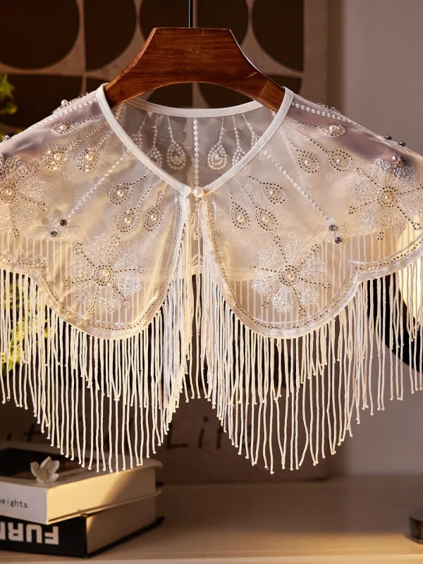 Charmig Vita Handgjort Beading Tassel Pärla Bal sjal 2025