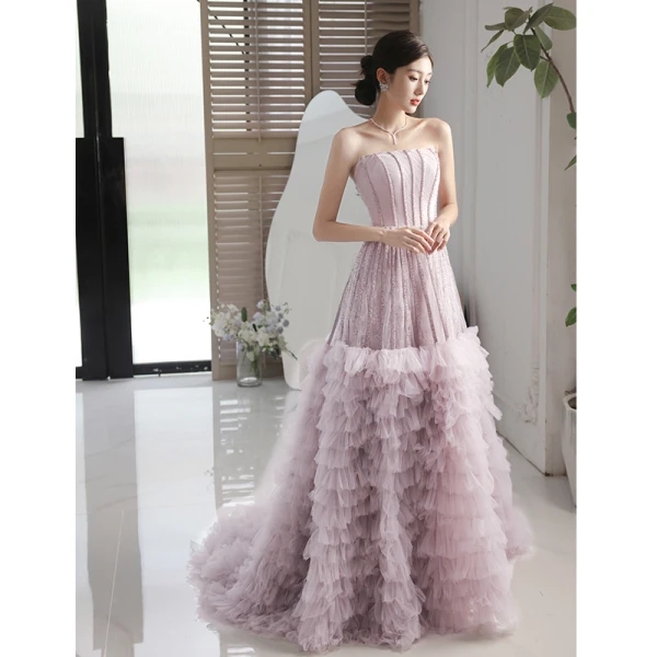 Schöne Lavendel Perlenstickerei Fallende Rüsche Abendkleider 2023 A Linie Bandeau Ärmellos Rückenfreies Sweep / Pinsel Zug Abend Festliche Kleider