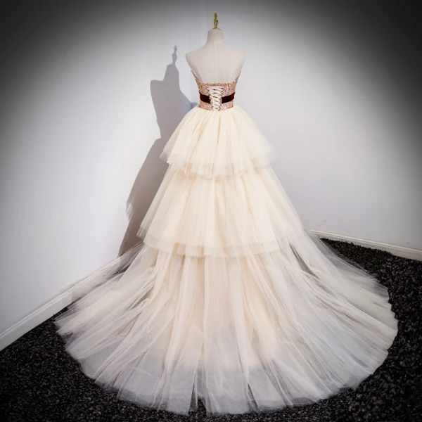 Sexy Champagner Pailletten Schleife Abendkleider 2023 Ballkleid Bandeau Ärmellos Rückenfreies Hof-Schleppe Abend Festliche Kleider