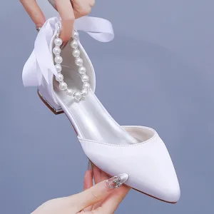 Simple Blanche Perle Bride Cheville Satin Plate Chaussure De Mariée 2024 À Bout Pointu Mariage Talons