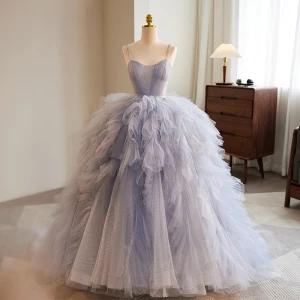 Moda Azul Cielo Volantes En Cascada Vestidos De Gala 2023 Ball Gown Spaghetti Straps Sin Mangas Colas De Barrido Vestidos Formales