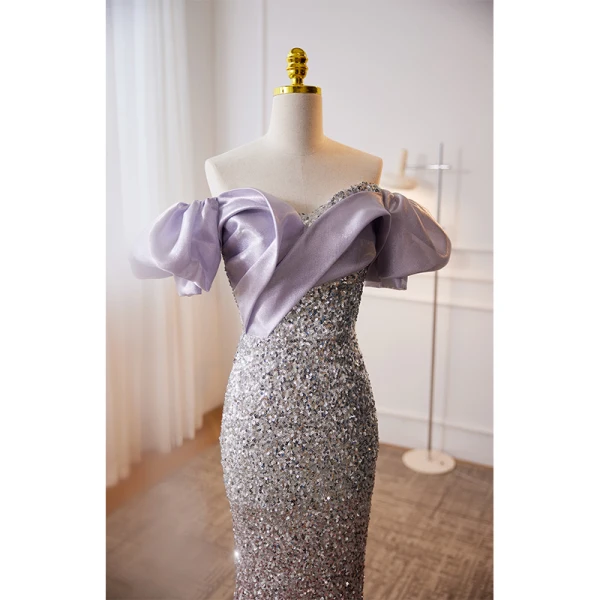 Glitzernden Lavendel Pailletten Abendkleider 2023 Meerjungfrau Off Shoulder Kurze Ärmel Rückenfreies Lange Abend Festliche Kleider