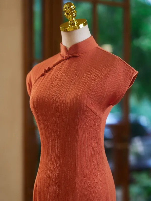 Chinese style Orange Tea-length Cheongsam 2024 Trumpet / Mermaid High Neck Short Sleeve Prom