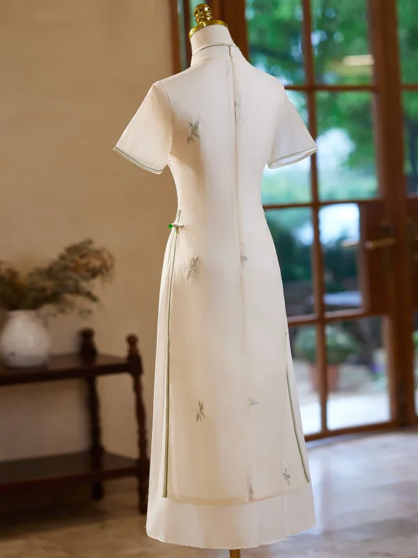 Style Chinois Blanche Impression Longue Cheongsam 2024 Princesse Col Haut Manches Courtes