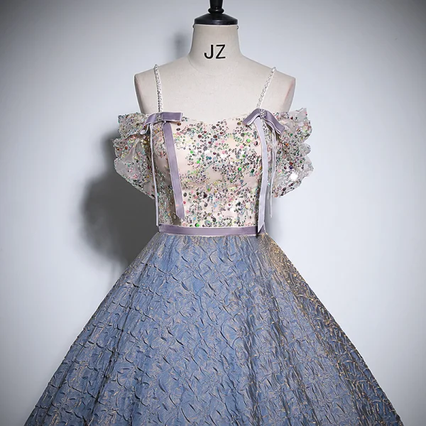 Elegant Sky Blue Beading Rhinestone Sequins Prom Dresses 2024 Ball Gown Off-The-Shoulder Short Sleeve Backless Floor-Length / Long Prom Formal Dresses