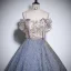 Elegant Sky Blue Beading Rhinestone Sequins Prom Dresses 2024 Ball Gown Off-The-Shoulder Short Sleeve Backless Floor-Length / Long Prom Formal Dresses