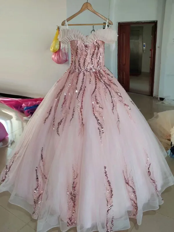 High-end Sky Blue Beading Pearl Sequins Tassel Prom Dresses 2026 Ball Gown Off-The-Shoulder Sleeveless Backless Floor-Length / Long Formal Dresses