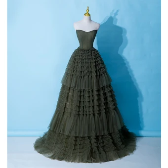 High End Dark Green Cascading Ruffles Evening Dresses 2023 A Line Princess Strapless Sleeveless Backless Sweep Train Evening Party Formal Dresses