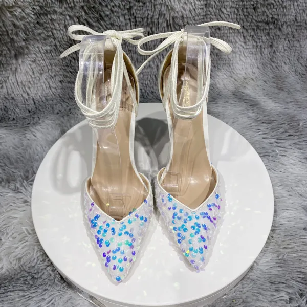 Charming Royal Blue Sequins Evening Party Womens Sandals 2022 12 cm Stiletto Heels Ankle Strap Pointed Toe Womens Shoes High Heels