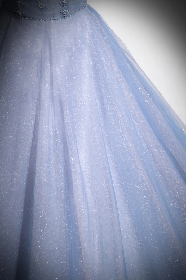Bling Bling Sky Blue Glitter Beading Pearl Prom Dresses 2024 Ball Gown Off-The-Shoulder Short Sleeve Backless Floor-Length / Long Prom Formal Dresses