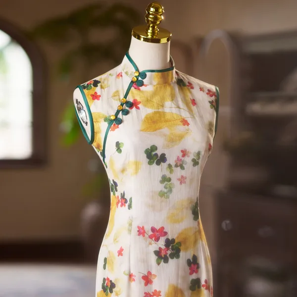 Chinese style Yellow Printing Tea-length Prom Split Front Cheongsam 2024 Trumpet / Mermaid High Neck Sleeveless