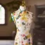 Chinese style Yellow Printing Tea-length Prom Split Front Cheongsam 2024 Trumpet / Mermaid High Neck Sleeveless