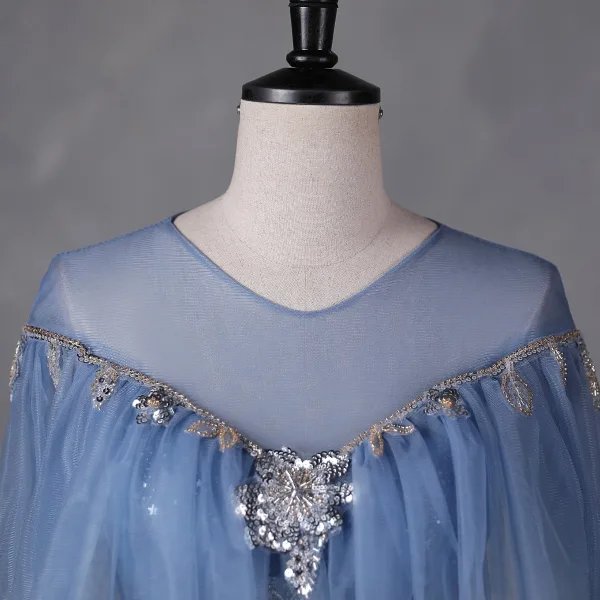 Fashion Sky Blue Glitter Beading Star Sequins Prom Dresses 2023 Ball Gown Scoop Neck Short Sleeve Backless Floor-Length / Long Prom Formal Dresses