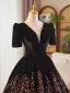 Elegante Schwarz Pailletten Ballkleider 2025 Ballkleid V-Ausschnitt Kurze Ärmel Rückenfreies Lange Ball Festliche Kleider