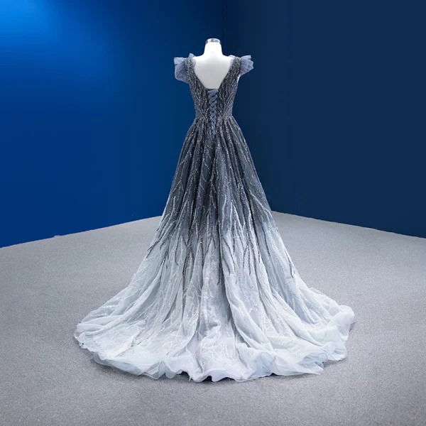 High-end Gradient-Color Grey Beading Sequins Evening Dresses 2022 A-Line / Princess V-Neck Sleeveless Backless Court Train Evening Party Formal Dresses