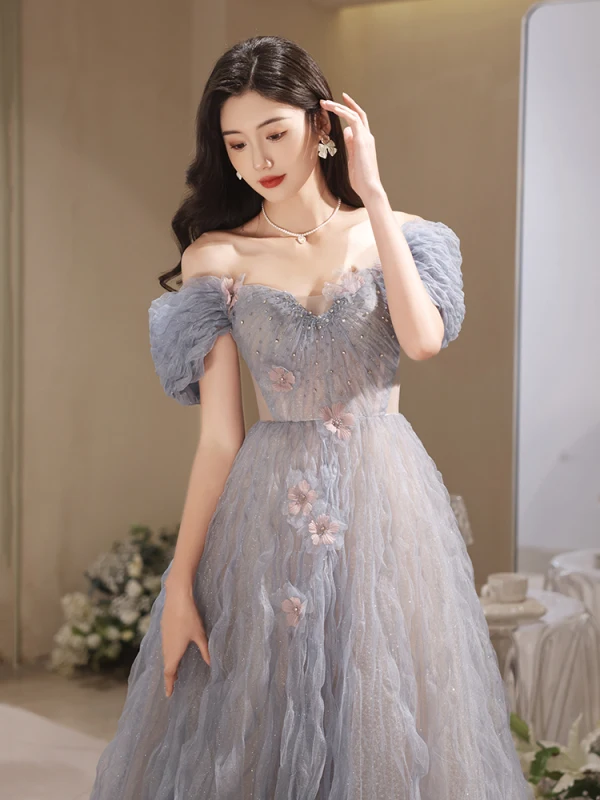 Charming Sky Blue Beading Pearl Appliques Prom Dresses 2023 A-Line / Princess Off-The-Shoulder Short Sleeve Backless Floor-Length / Long Prom Formal Dresses