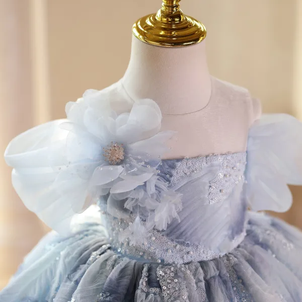 Chic / Beautiful Sky Blue Beading Pearl Sequins Birthday Flower Girl Dresses 2025 Ball Gown Scoop Neck Short Sleeve Floor-Length / Long