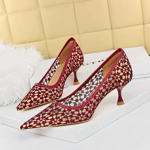 Sexy Schwarz Abend Spitze Pumps 2023 5 cm Stilettos Spitzschuh Hochhackige