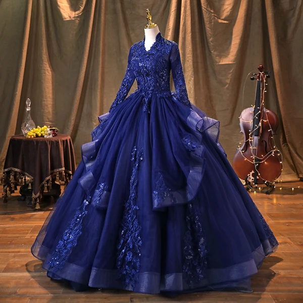Vintage / Retro Navy Blue Pearl Sequins Lace Flower Prom Dresses 2022 Ball Gown High Neck Cascading Ruffles Long Sleeve Backless Beading Floor-Length / Long