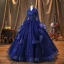 Vintage / Retro Navy Blue Pearl Sequins Lace Flower Prom Dresses 2022 Ball Gown High Neck Cascading Ruffles Long Sleeve Backless Beading Floor-Length / Long