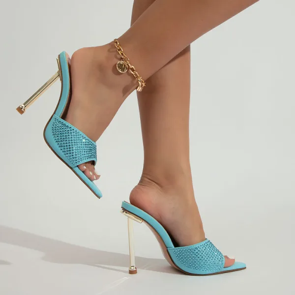 Fashion Summer Pool Blue Street Wear Casual Womens Sandals 2022 Rhinestone 11 cm Stiletto Heels Open / Peep Toe Sandals High Heels