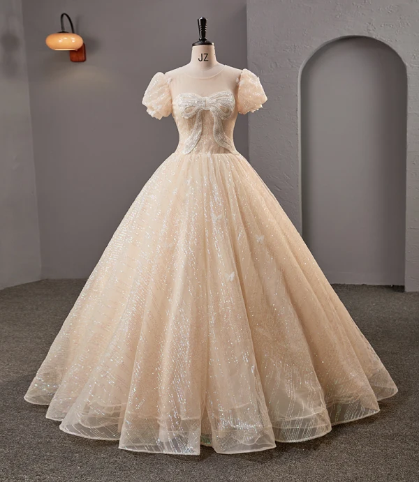 Charming Bling Bling Champagne Prom Dresses 2023 Ball Gown Scoop Neck Beading Bow Sequins Short Sleeve Backless Floor-Length / Long Prom Formal Dresses