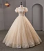 Charming Bling Bling Champagne Prom Dresses 2023 Ball Gown Scoop Neck Beading Bow Sequins Short Sleeve Backless Floor-Length / Long Prom Formal Dresses
