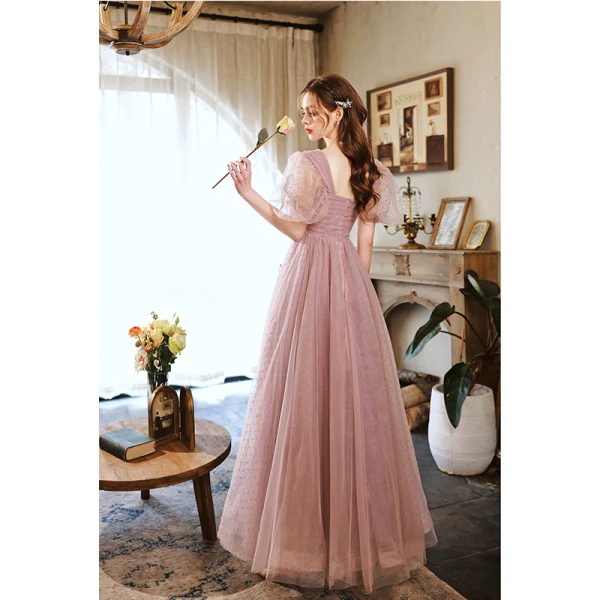 Modest / Simple Blushing Pink Pearl Prom Dresses 2022 A-Line / Princess Square Neckline Short Sleeve Backless Floor-Length / Long Formal Dresses