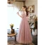 Modest / Simple Blushing Pink Pearl Prom Dresses 2022 A-Line / Princess Square Neckline Short Sleeve Backless Floor-Length / Long Formal Dresses