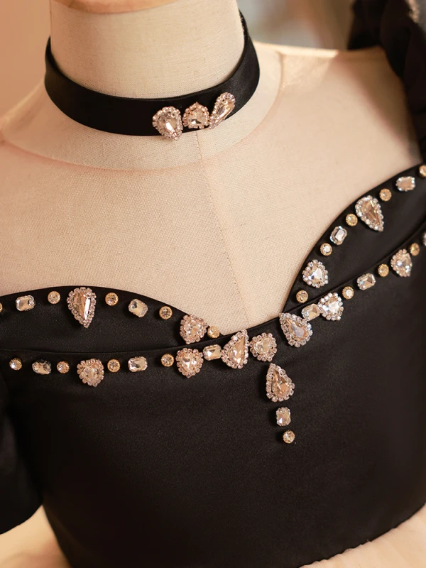 Elegant Black Rhinestone Birthday Flower Girl Dresses 2024 Ball Gown Scoop Neck Puffy Short Sleeve Backless Floor-Length / Long