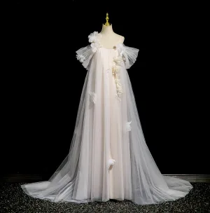 Charming White Appliques Prom Dresses 2025 A Line Princess Spaghetti Straps Short Sleeve Backless Floor Length Long Formal Dresses