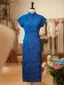 Vintage / Retro Ocean Blue Split Front Tea-length Cheongsam 2026 Trumpet / Mermaid High Neck Cap Sleeves