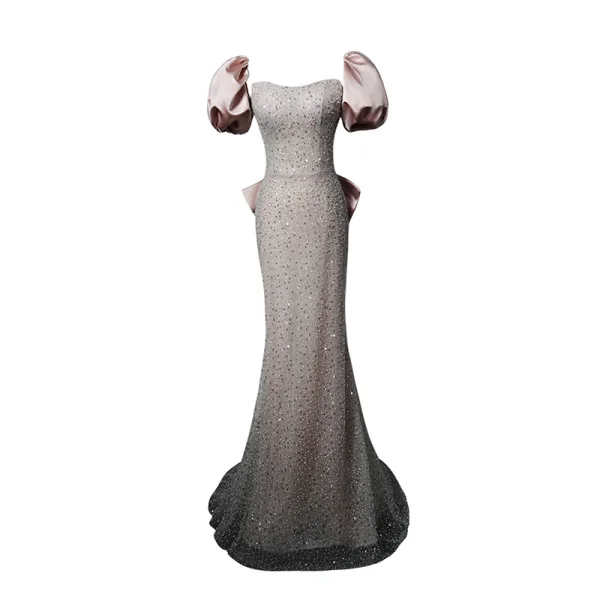 Charmant Rougissant Rose Perlage Perle Paillettes Robe De Soirée 2022 Trompette / Sirène Encolure Carrée Gonflée Manches Courtes Dos Nu Noeud Longue Soirée Robe De Ceremonie