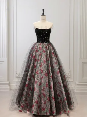Chic Beautiful Black Printing Prom Dresses 2025 A Line Princess Strapless Sleeveless Backless Floor Length Long Formal Dresses