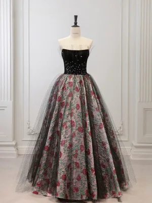 Chic Beautiful Black Printing Prom Dresses 2026 A Line Princess Strapless Sleeveless Backless Floor Length Long Formal Dresses