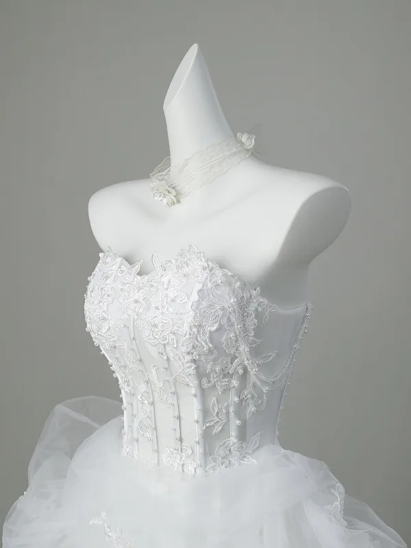 Elegant White Pearl Lace Flower Satin Wedding Dresses 2026 Ball Gown Strapless Sleeveless Backless Floor-Length / Long