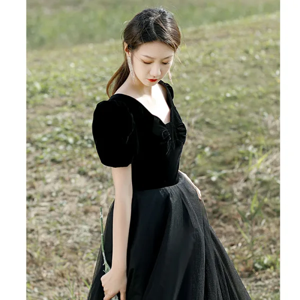 Elegant Black Prom Dresses 2022 A-Line / Princess Square Neckline Short Sleeve Backless Floor-Length / Long Formal Dresses