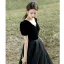 Elegant Black Prom Dresses 2022 A-Line / Princess Square Neckline Short Sleeve Backless Floor-Length / Long Formal Dresses