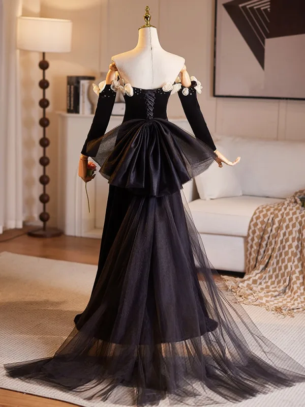 Audrey Hepburn Style Black Appliques Prom Dresses 2025 A-Line / Princess Strapless 1/2 Sleeves Backless Bow Floor-Length / Long Prom Formal Dresses