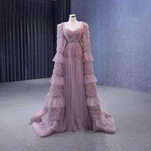 Haut De Gamme Rose Sombre Volants En Cascade Perlage Perle Faux Diamant Robe De Bal 2023 Princesse Encolure Carrée Manches Longues Dos Nu Train De Balayage Promo Robe De Ceremonie