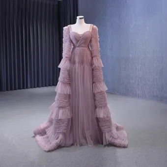 High End Dusky Pink Cascading Ruffles Beading Pearl Rhinestone Prom Dresses 2023 A Line Princess Square Neckline Long Sleeve Backless Sweep Train Prom Formal Dresses
