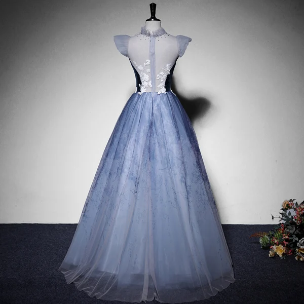Elegante Himmelblau Wildleder Ballkleider 2022 A Linie Stehkragen Ärmellos Perlenstickerei Spitze Blumen Lange Festliche Kleider